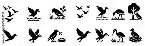 Bird icons with flock wading duck silhouette