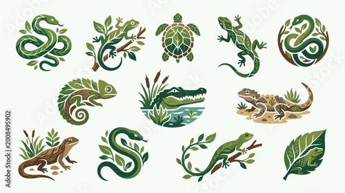 Tablou pe pânză Collection of stylized illustrations of various reptiles and amphibians integrated with natural elements like leaves and branches
