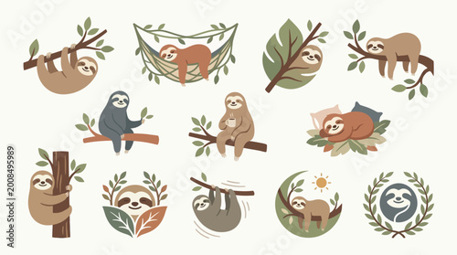 Bilde på lerret Collection of cute sloth illustrations in various poses and settings, showcasing their relaxed nature and arboreal lifestyle