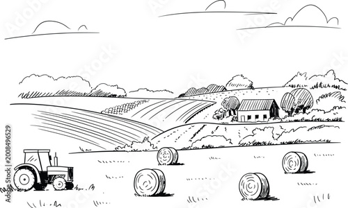 A simple hand drawn vector illustration of a vintage tractor on a road in a small town landscape