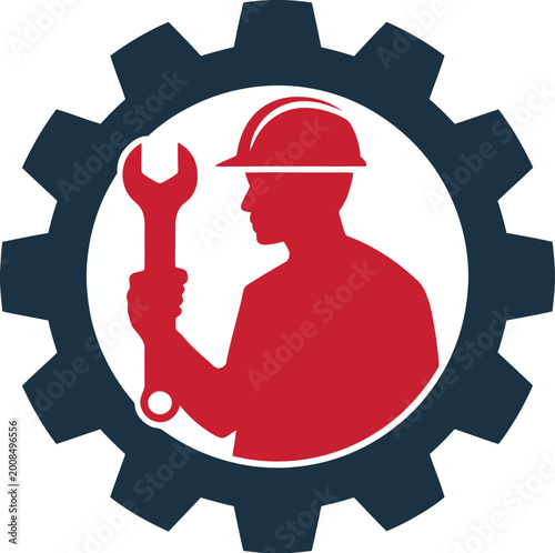 construction worker wearing helmet and holding hammer with tools illustration vector icon style