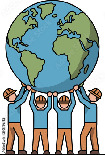 cartoon illustration of people and children around the world holding a green globe symbolizing global unity and peace
