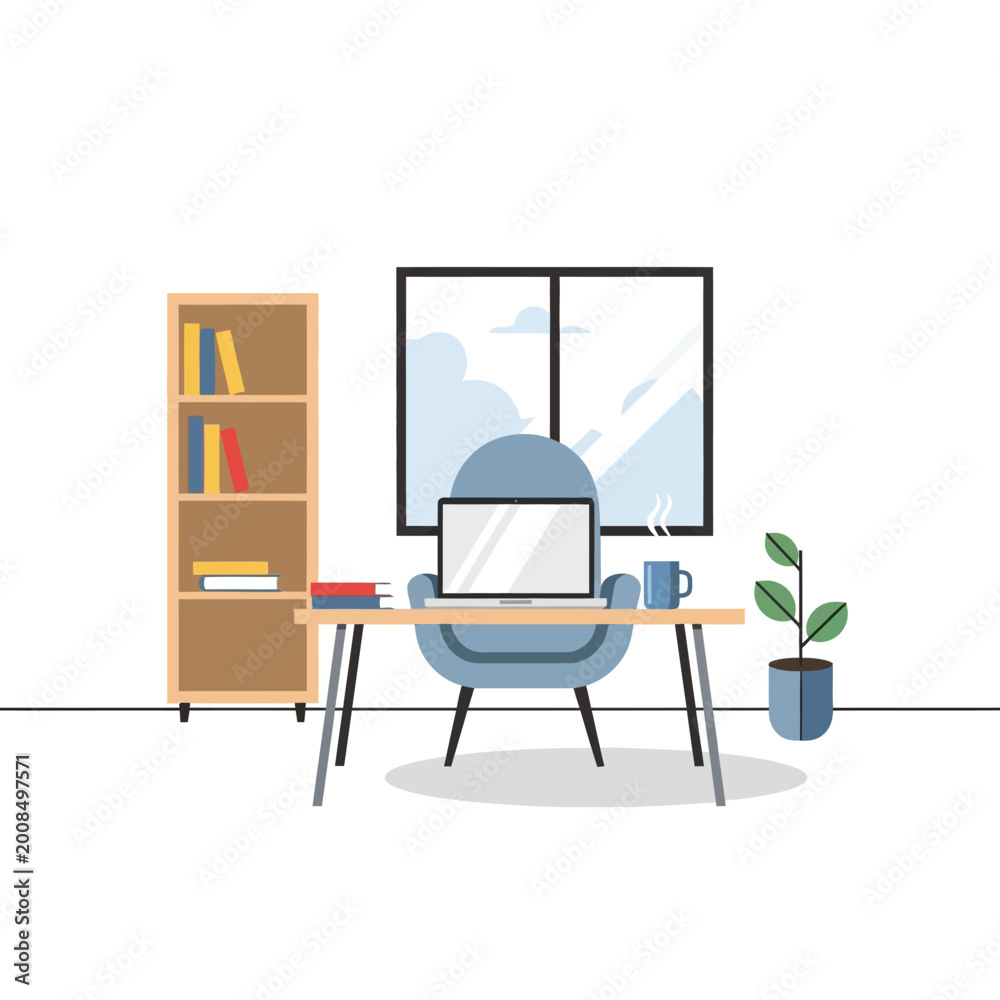 Fototapeta premium Cozy home office setup with laptop, bookshelf, plant, and window view