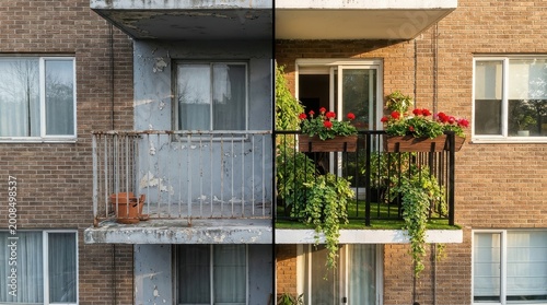 Split view showing a neglected apartment building balcony transformed into a vibrant green space