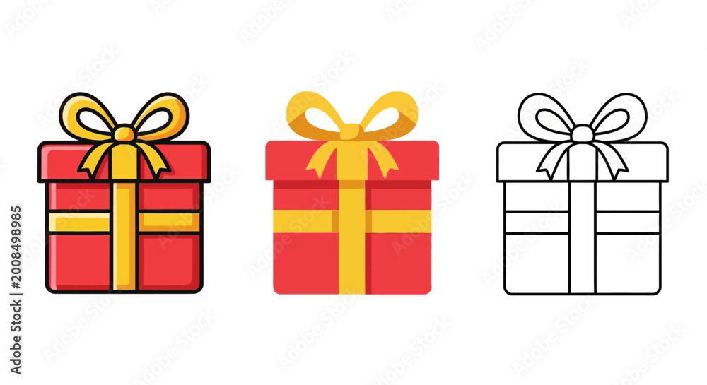Fototapeta premium Digital vector gift box icons in three styles outline, flat, and detailed color. Perfect for celebrations, holidays, and festive design assets