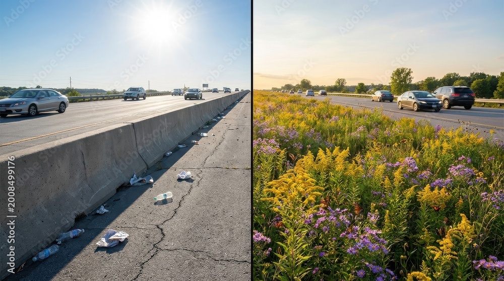 Fototapeta premium Before and after: litter-strewn highway median transformed into a vibrant wildflower habitat.