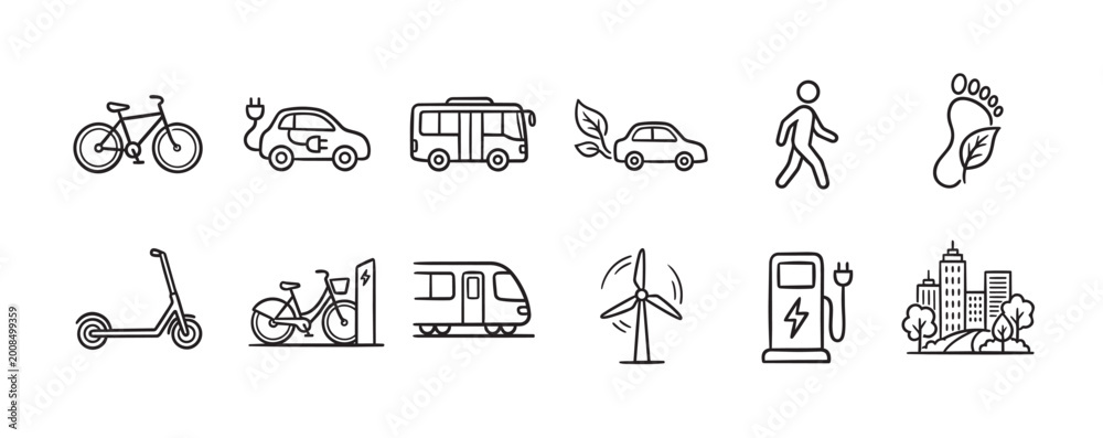 Naklejka premium A collection of line art icons representing sustainable transportation and renewable energy sources, ideal for illustrating green initiatives.