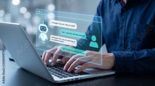 Man typing on laptop with chatbot interface on screen in office setting with blurred background