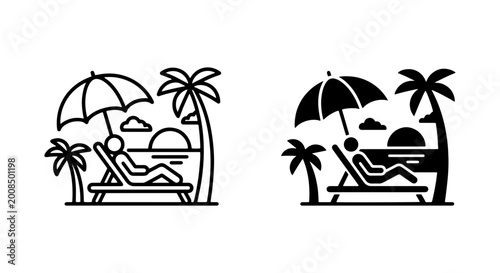 Canvas Print vector set of black and white beach lounge chairs with sunbathers under umbrella