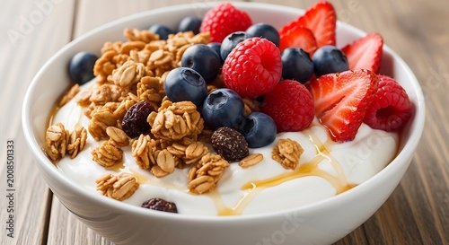 Bowl of yogurt with granola and fresh berries for a healthy breakfast