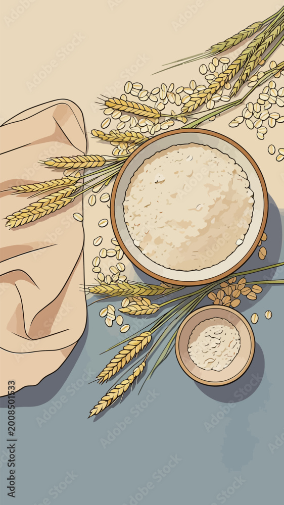 Obraz premium Flat Lay Illustration of Wheat Grains Flour and Table Setting