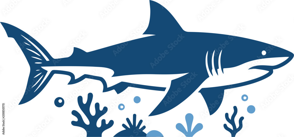 Fototapeta premium Blue shark silhouette swimming above coral reef floor vector can Editable