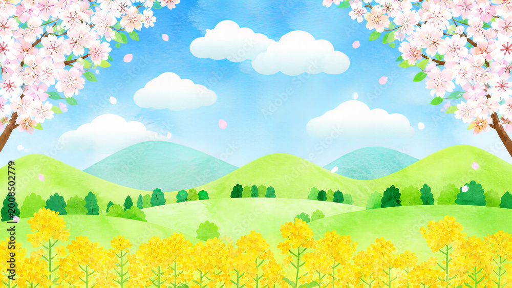 Fototapeta premium anime landscape with watercolor spring scenery and blooming cherry blossoms and rapeseed flowers