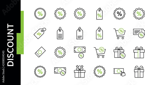 Discount and sale line icons set, shopping promotion vector elements, percentage price tags and retail offer badges for e-commerce marketing