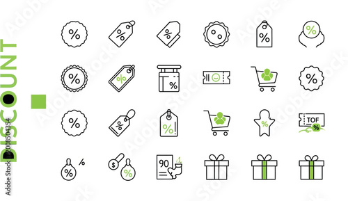 Discount icon set with 24 line vector elements, retail sale price tags and shopping symbols, green and black promotional offer graphics