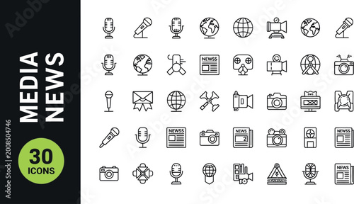 Media news icon set with 30 outline vector elements, journalism and broadcasting symbols, professional press and television reporting graphics
