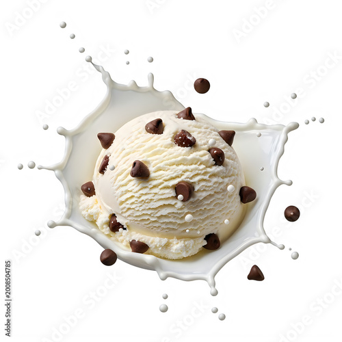 Delicious chocolate chip cookie dough ice cream scoop with melted toppings isolated on transparent background