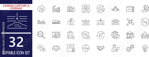 carbon capture storage thin line icon set with pipeline, global warming, atmospheric, silhouette, sustainability, pipeline, and more icon