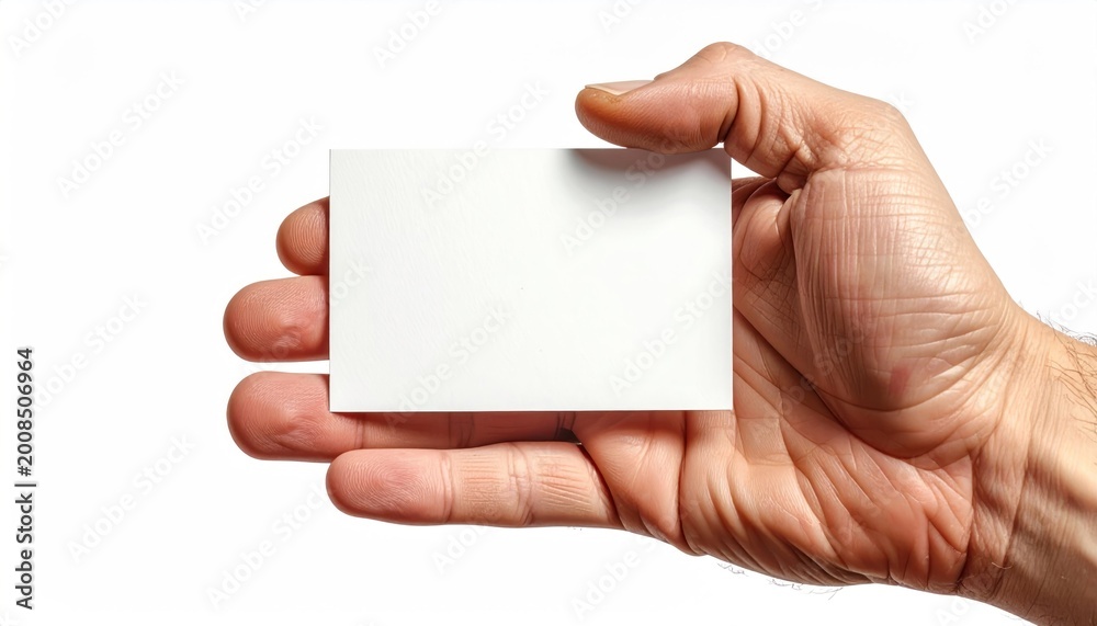 Obraz premium Hand holding blank white card against a white background, showcasing the card's blank surface