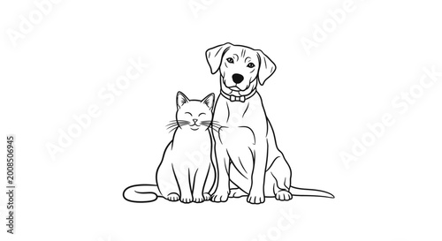 Dog and cat illustration line art friendly pets together on white background