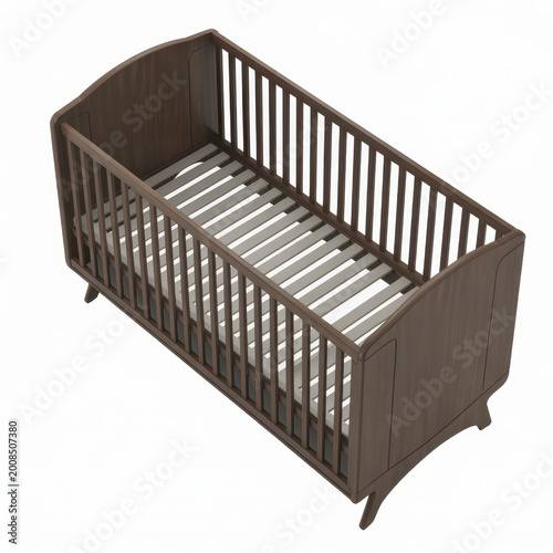Wooden baby crib with slatted sides and base isolated on a white background, for nursery furniture