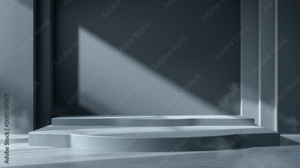 Obraz premium Minimalist stage setup. Gray tones dominate scene. Dramatic lighting creates shadows, smoke adds atmosphere. Modern design.