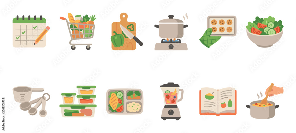 Naklejka premium Collection of flat illustrations depicting healthy food preparation, from planning and shopping to cooking and meal prepping, ideal for health or cooking blogs.
