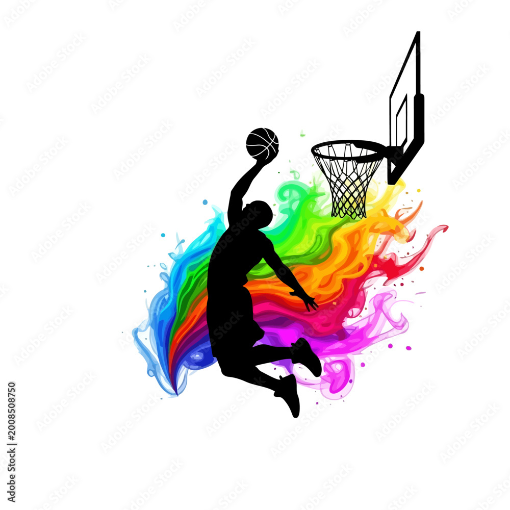 Obraz premium Silhouette Basketball Player Dunking with Colorful Paint Splatter