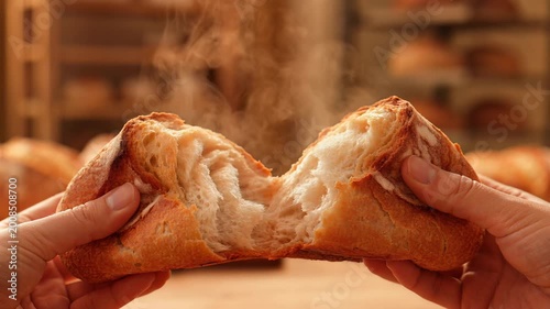 Close up of hands breaking a fresh warm baguette with steam in a bakery.