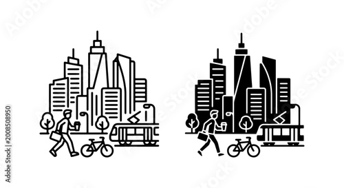 Fotografie vector set of city skyline and people commuting in black and white outline style