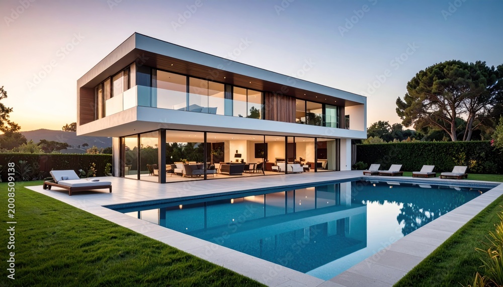 Fototapeta premium Modern two-story house with sleek glass walls and pool at sunset, surrounded by lush greenery