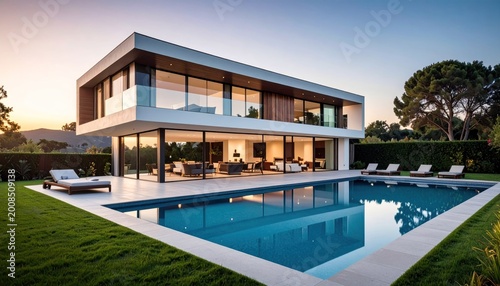 Modern two-story house with sleek glass walls and pool at sunset, surrounded by lush greenery