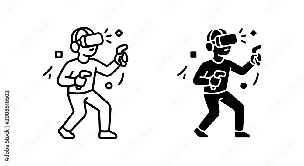Fototapeta premium Virtual Reality VR headset user, gaming, entertainment, technology, digital experience icons