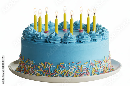 A round blue frosted birthday cake with colorful sprinkles and nine lit yellow candles on