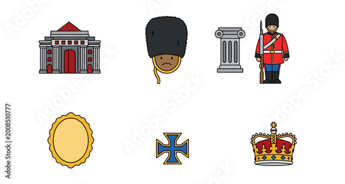Fotografie British Icons Set Including Palace Guard And Crown On Transparent Background
