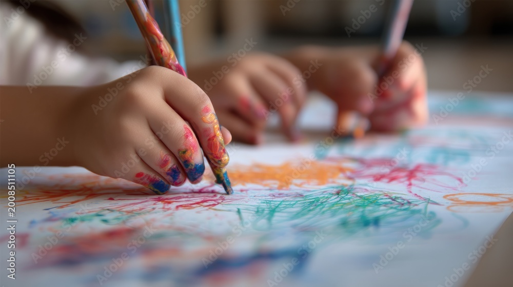 Obraz premium Child hands painting with colorful pens