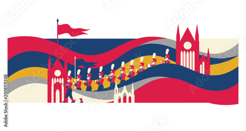 Schilderij op canvas Military parade with stylized architecture on transparent background