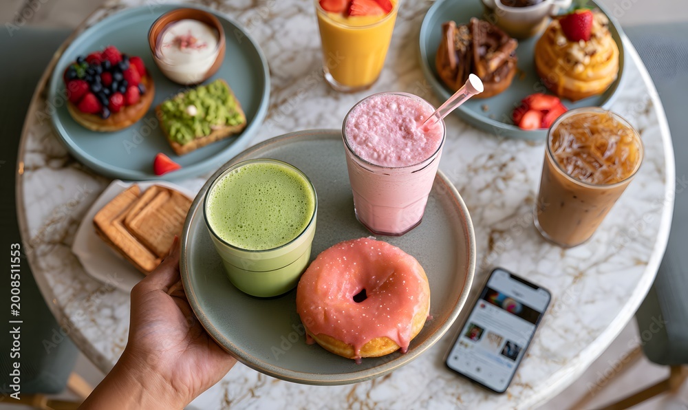 Naklejka premium woman’s tan hand server holding a tray with latte matcha , frapuccino; milkshake on the plate, condensation glistening, soft focus polished café table with breakfast spread: donuts with berries, avoca