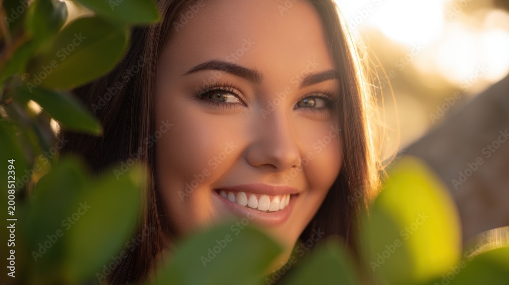 Fototapeta premium Woman smiling while looking through green leaves in afternoon sunlight