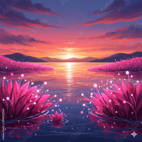 Pink Plants on Water at Sunset, Digital Landscape