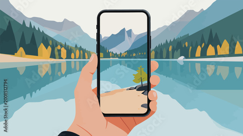 Flat Illustration of Hand Taking Landscape Photo With Smartphone