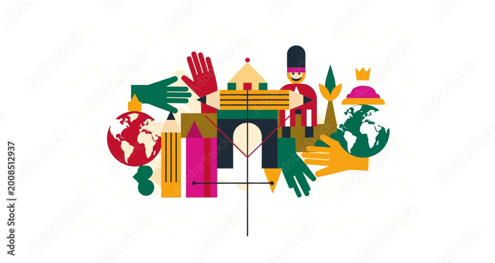 Fototapeta premium Stylized world illustration with hands and architecture on transparent background