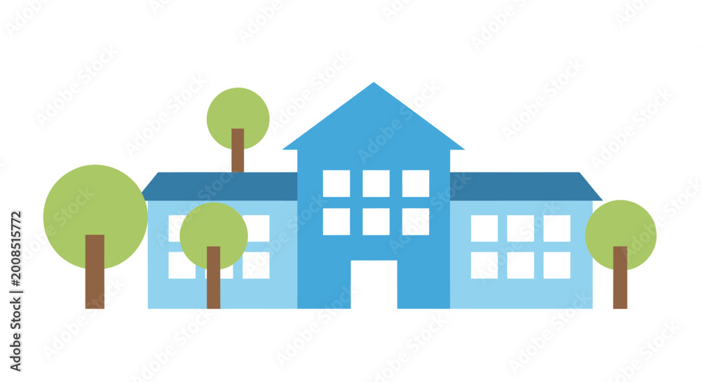 Fototapeta premium Blue school building, educational architecture, vector illustration, flat design