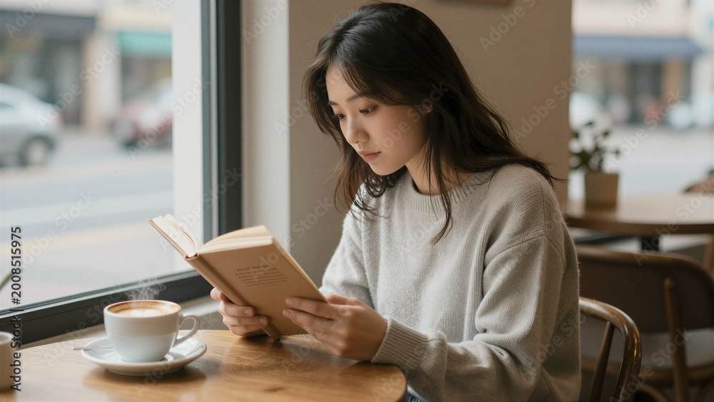 Fototapeta premium Young Asian Woman Reading a Book in a Cozy Cafe with Steaming Coffee