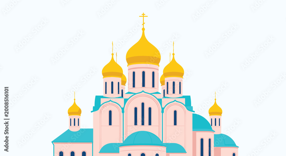 Fototapeta premium Beautiful Russian Orthodox church with golden domes and pink walls set against a plain light blue sky background.