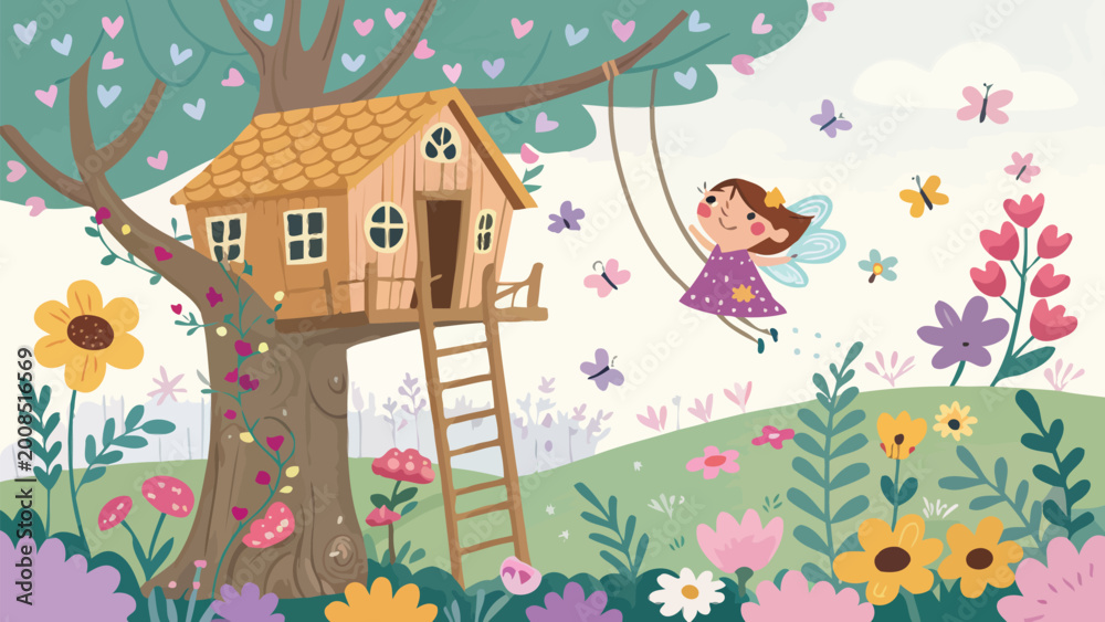 Fototapeta premium Cute fairy playing on a swing near a treehouse in a magical garden with colorful flowers and butterflies, whimsical fantasy illustration for children