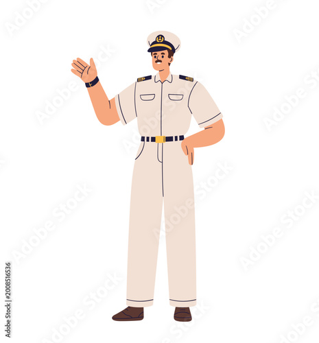 Sea ship captain. Naval sailing officer in marine cap, maritime uniform. Man,...