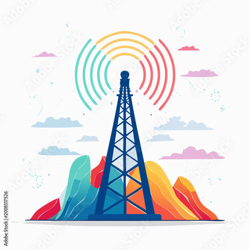 Communication Tower with Signal Waves and Colorful Landscape