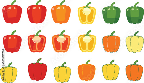 Bell pepper set with red, yellow, orange and green capsicum varieties, whole and cut vegetables collection, fresh food vector illustration