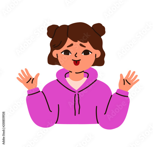 Cute girl with tongue out and teasing hands gesture. Funny child character mo...